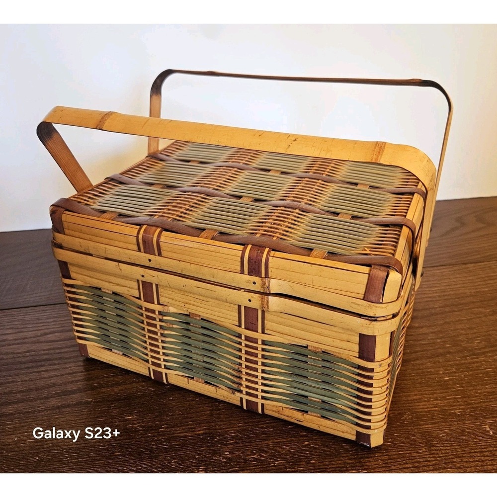 Vintage Woven Bamboo Picnic Basket Folding Handles Storage Tote Japan Boho